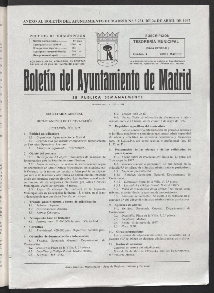 Miniatura de Anexo al Boletín del Ayuntamiento de Madrid del 24 de abril de 1997