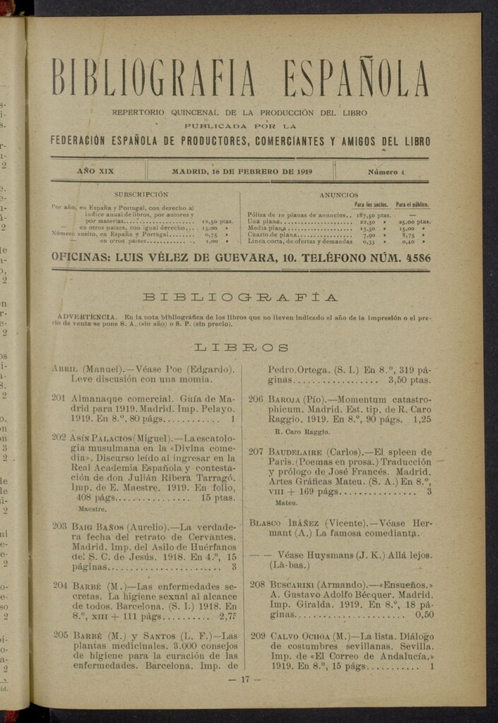 Miniatura de Bibliografía Española del 16 de febrero de 1919
