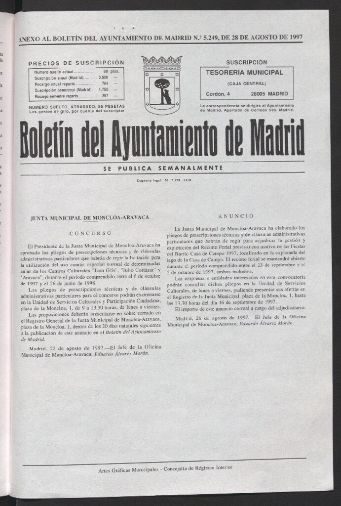 Miniatura de Anexo al Boletín del Ayuntamiento de Madrid del 28 de agosto de 1997