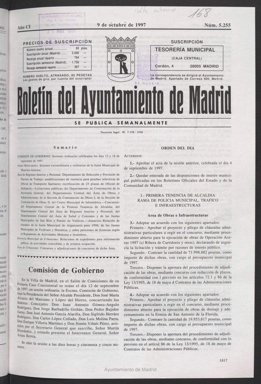 Miniatura de Boletín del Ayuntamiento de Madrid del 9 de octubre de 1997