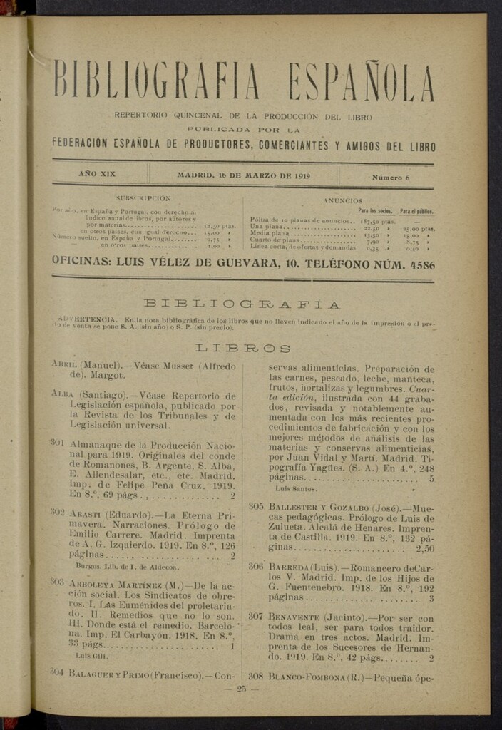 Miniatura de Bibliografía Española del 16 de marzo de 1919