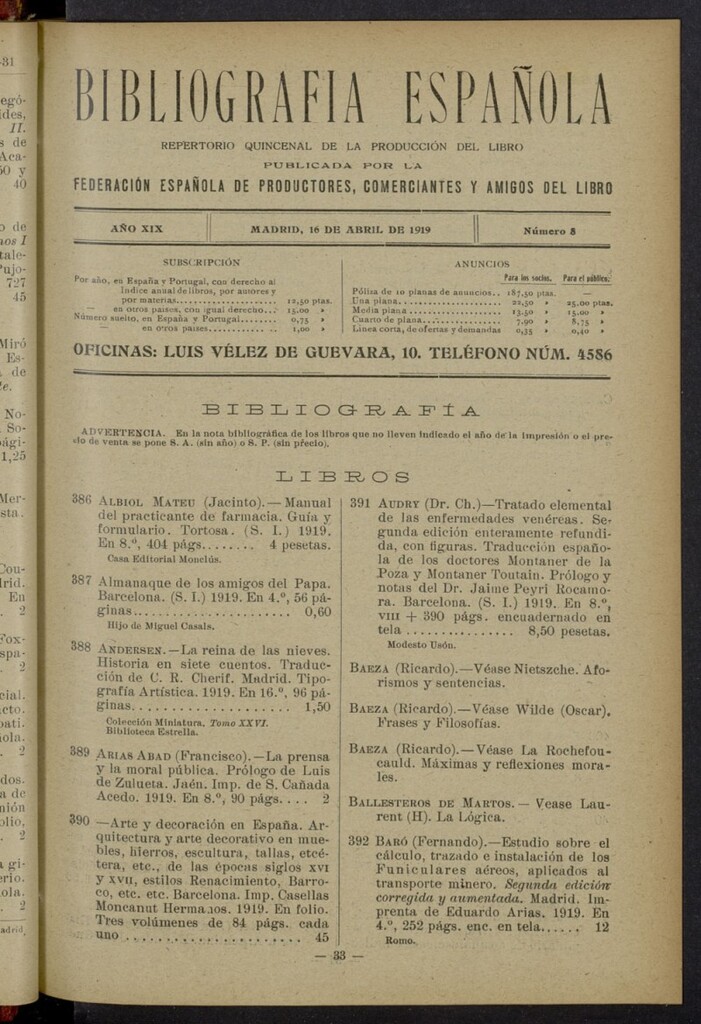 Miniatura de Bibliografía Española del 16 de abril de 1919