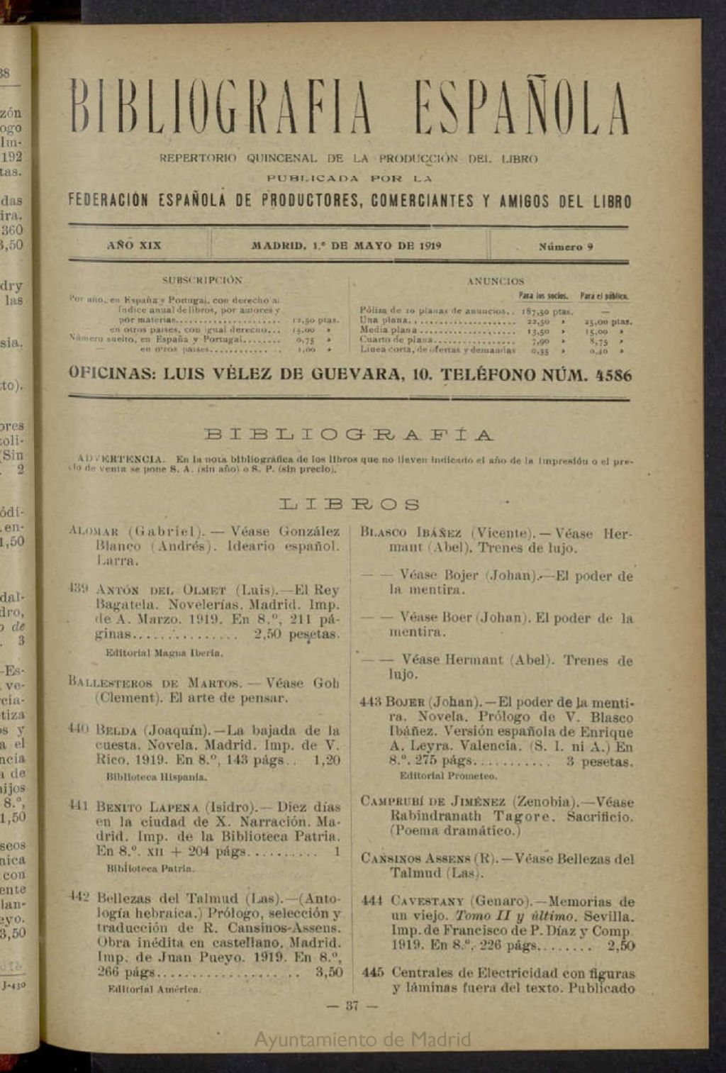 Miniatura de Bibliografía Española del 1 de mayo de 1919