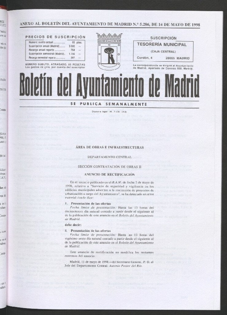 Miniatura de Anexo al Boletín del Ayuntamiento de Madrid del 14 de mayo de 1998