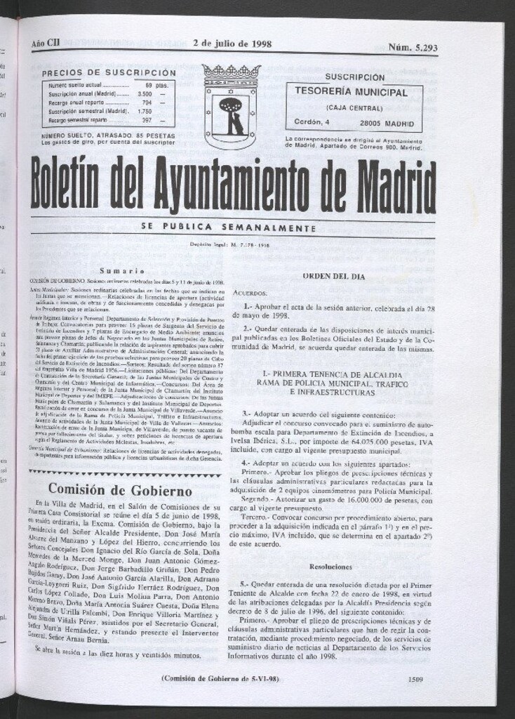 Miniatura de Boletín del Ayuntamiento de Madrid del 2 de julio de 1998
