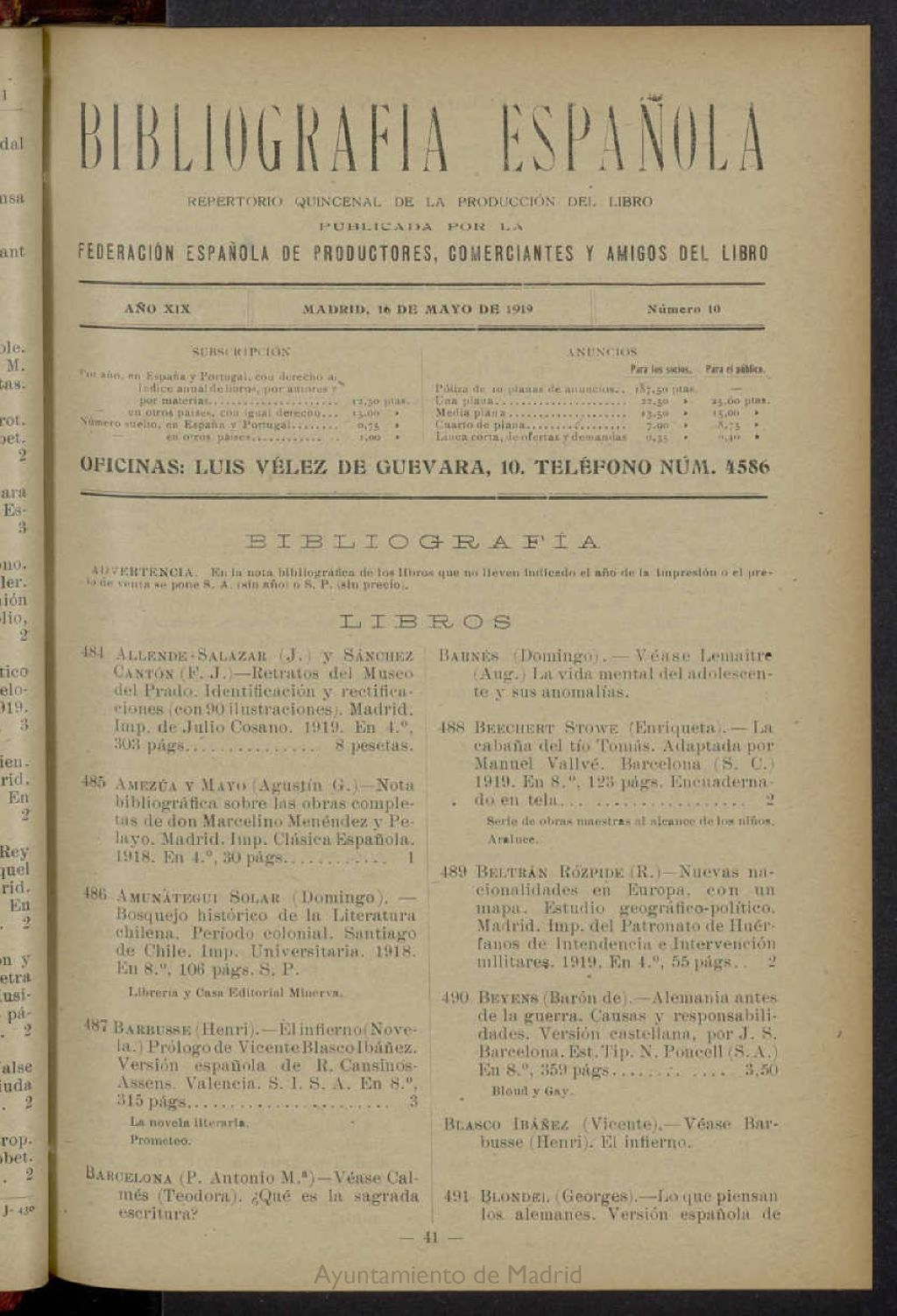 Miniatura de Bibliografía Española del 16 de mayo de 1919