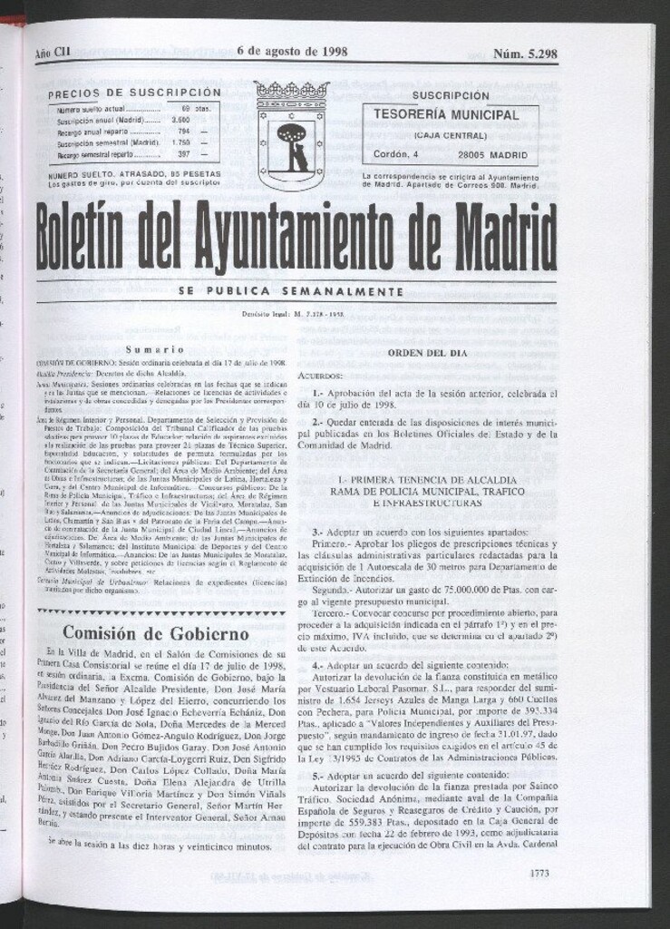 Miniatura de Boletín del Ayuntamiento de Madrid del 6 de agosto de 1998
