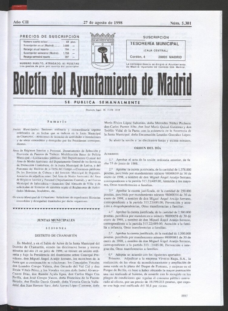 Miniatura de Boletín del Ayuntamiento de Madrid del 27 de agosto de 1998