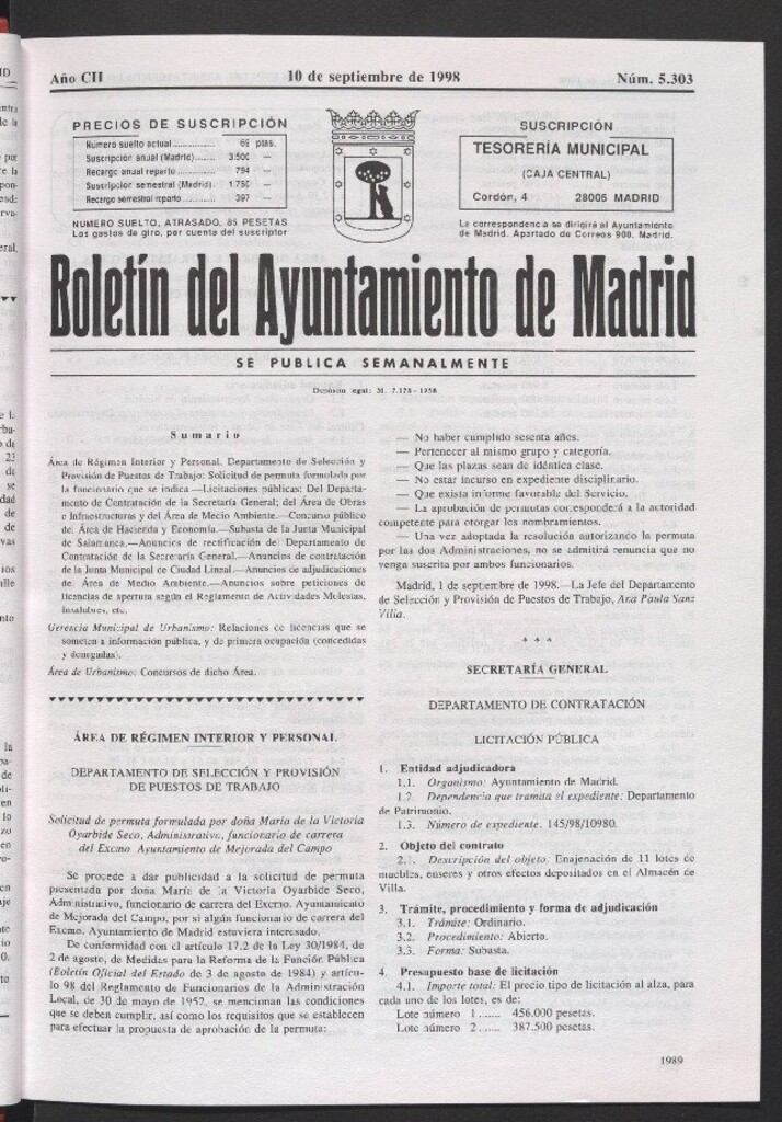 Miniatura de Boletín del Ayuntamiento de Madrid del 10 de septiembre de 1998