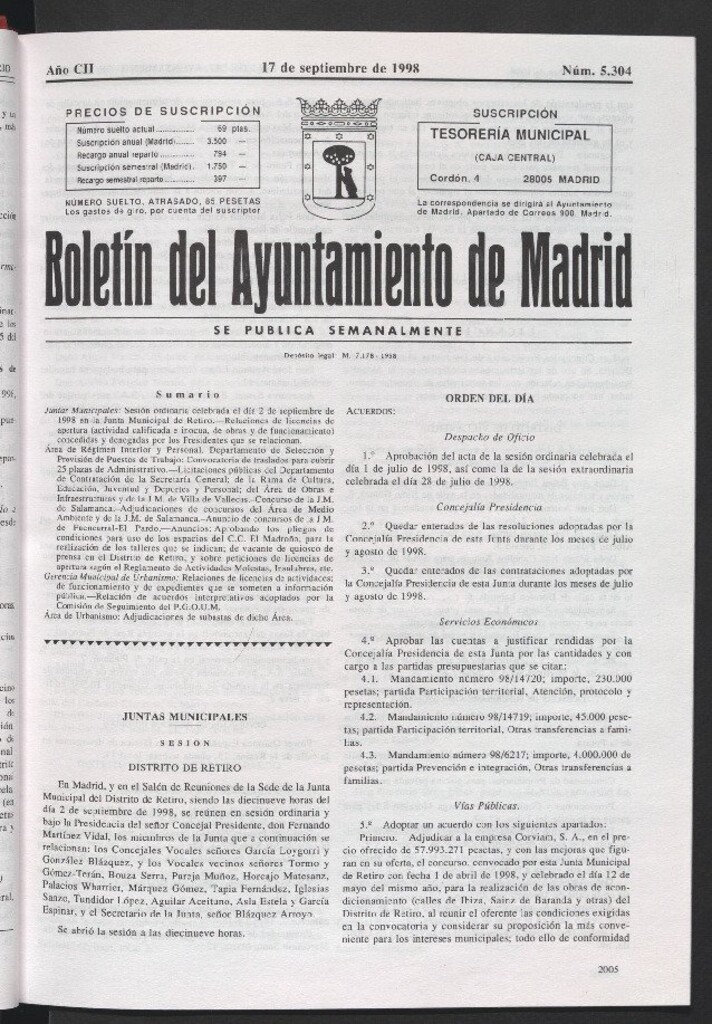 Miniatura de Boletín del Ayuntamiento de Madrid del 17 de septiembre de 1998