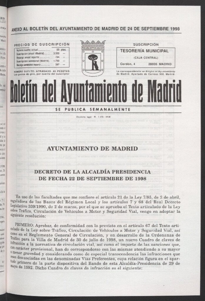 Miniatura de Anexo al Boletín del Ayuntamiento de Madrid del 24 de septiembre de 1998
