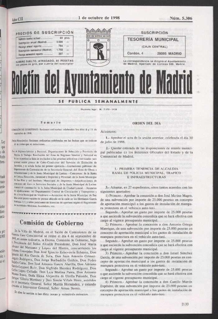 Miniatura de Boletín del Ayuntamiento de Madrid del 1 de octubre de 1998