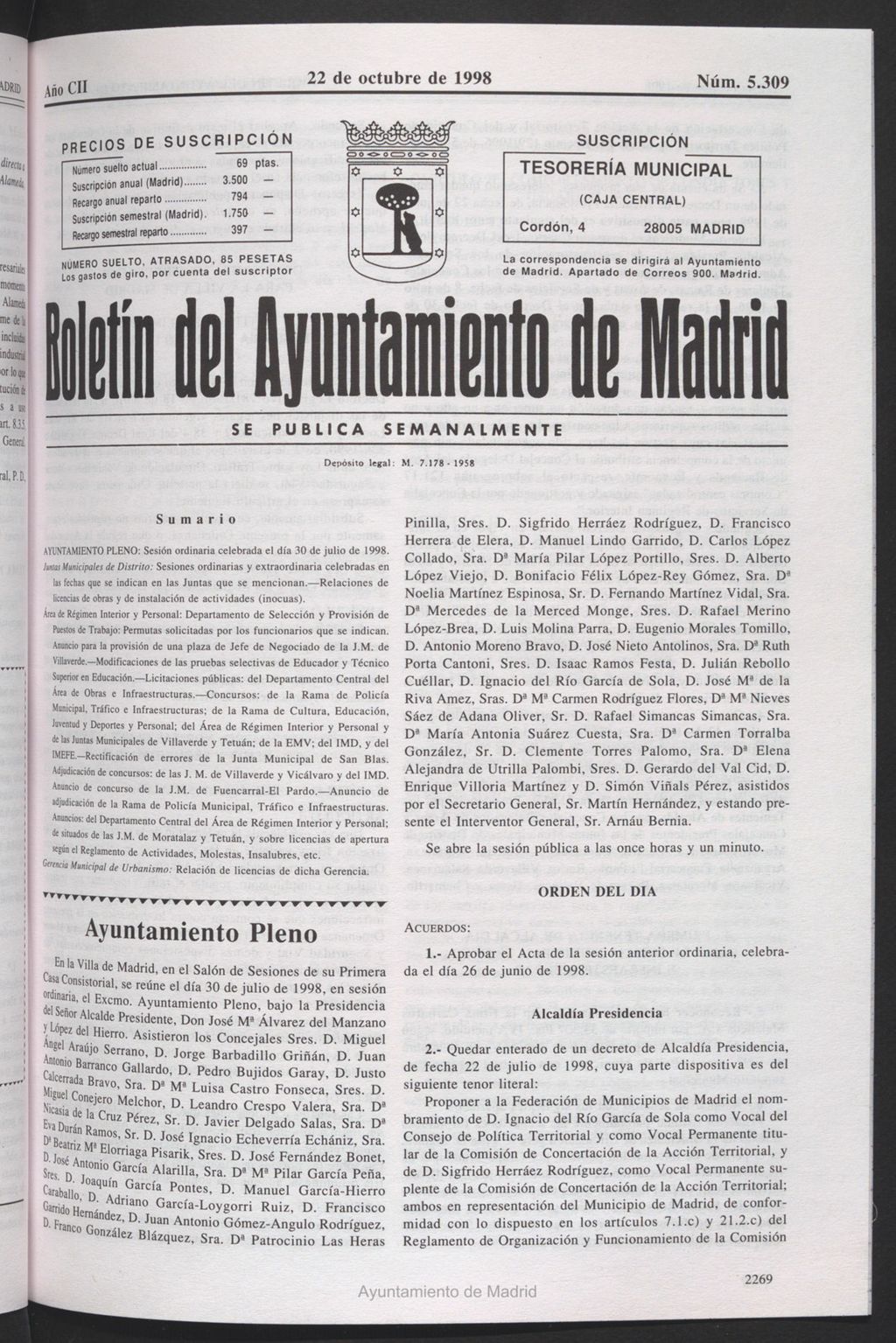 Miniatura de Boletín del Ayuntamiento de Madrid del 22 de octubre de 1998