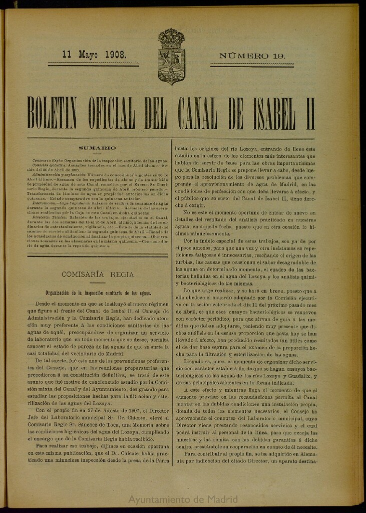 Miniatura de Boletín Oficial del Canal de Isabel II del 11 de mayo de 1908, nº 19
