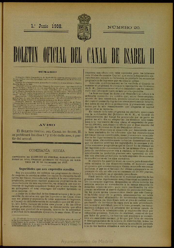 Miniatura de Boletín Oficial del Canal de Isabel II del 1 de junio de 1908, nº 20