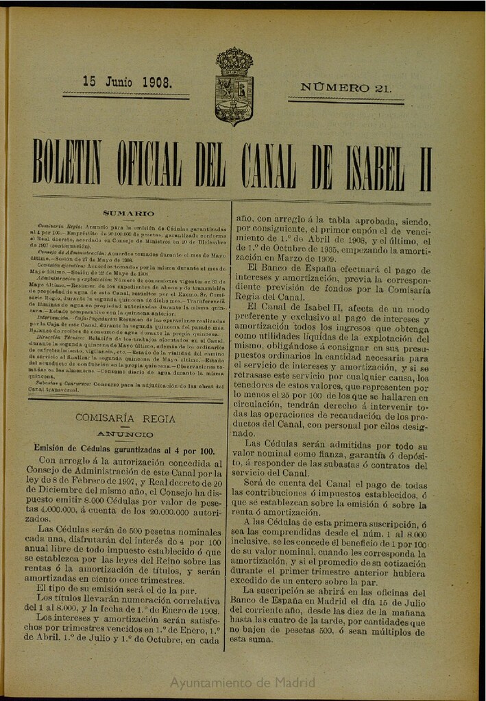 Miniatura de Boletín Oficial del Canal de Isabel II del 15 de junio de 1908, nº 21
