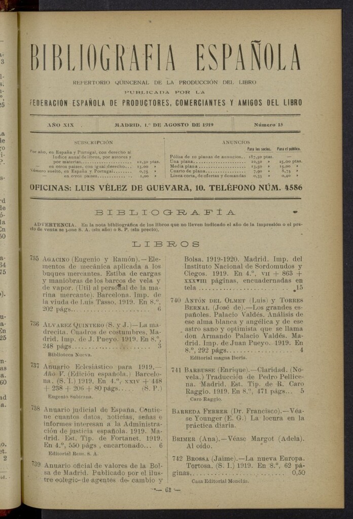 Miniatura de Bibliografía Española del 1 de agosto de 1919