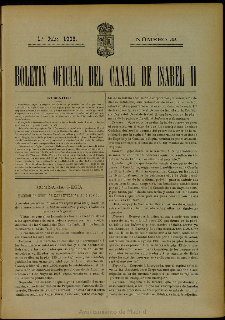 Miniatura de Boletín Oficial del Canal de Isabel II del 1 de julio de 1908, nº 22