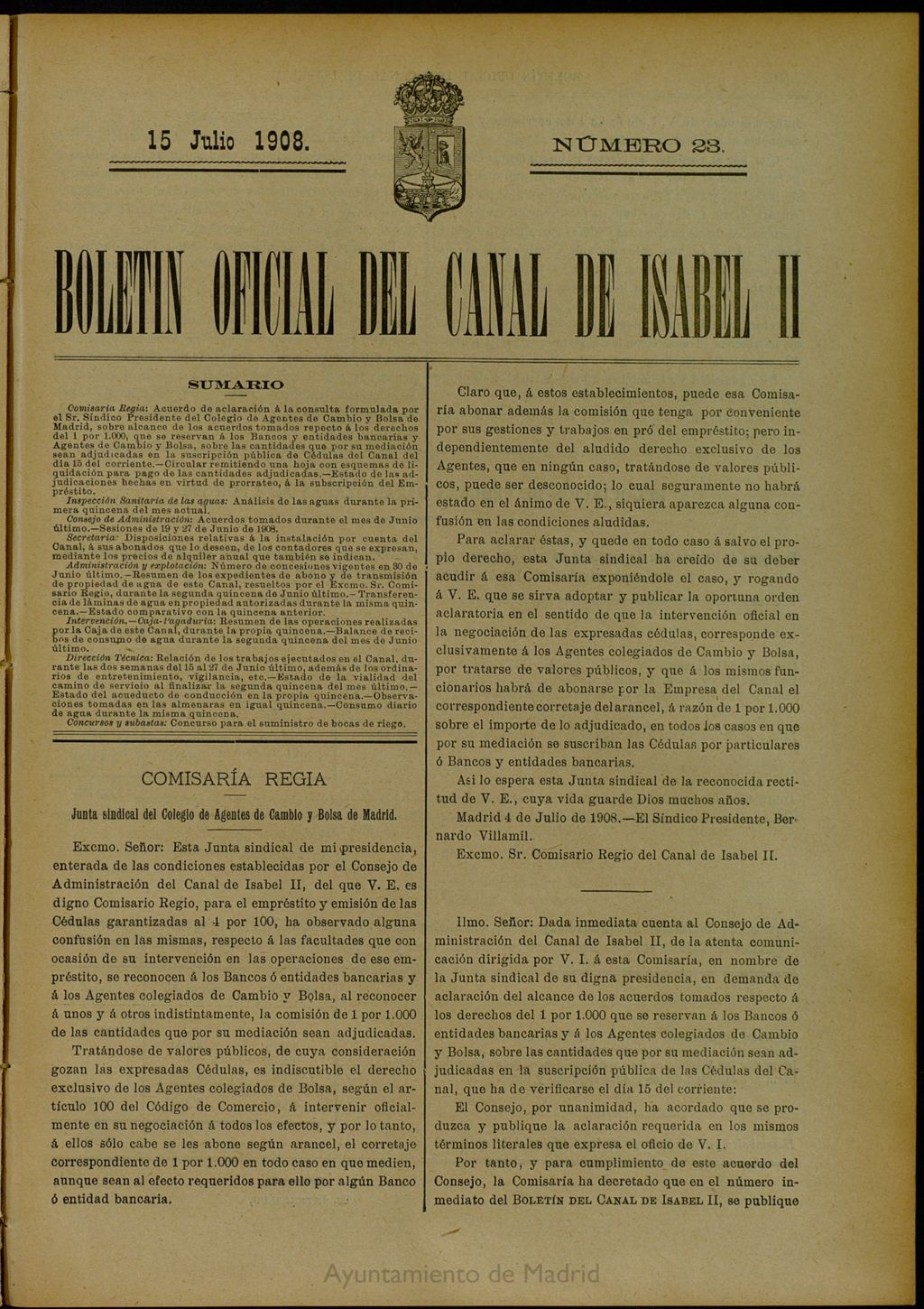 Miniatura de Boletín Oficial del Canal de Isabel II del 15 de julio de 1908, nº 23