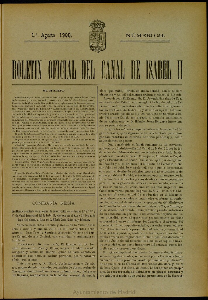 Miniatura de Boletín Oficial del Canal de Isabel II del 1 de agosto de 1908, nº 24