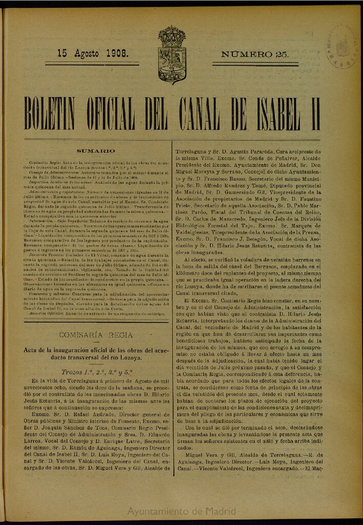Miniatura de Boletín Oficial del Canal de Isabel II del 15 de agosto de 1908, nº 25
