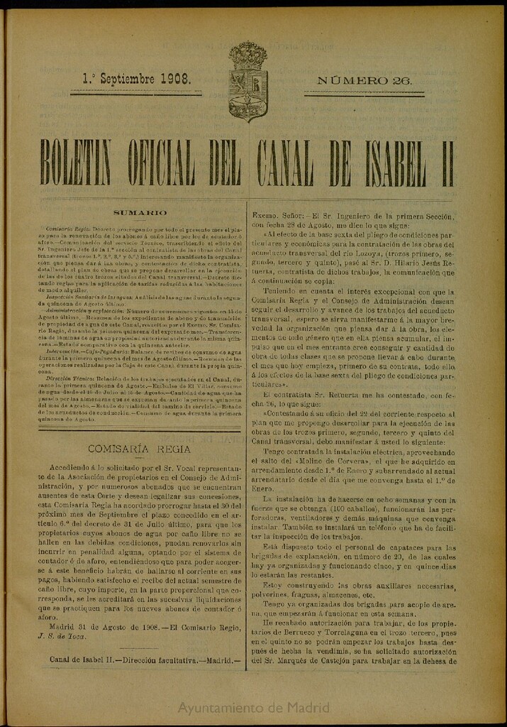 Miniatura de Boletín Oficial del Canal de Isabel II del 1 de septiembre de 1908, nº 26