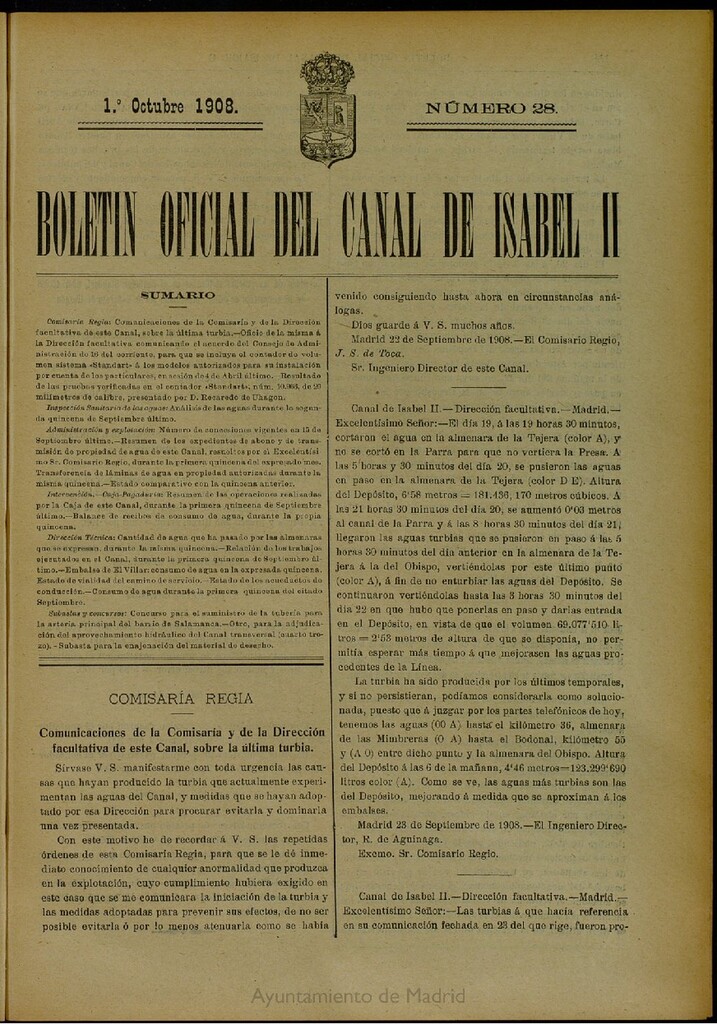 Miniatura de Boletín Oficial del Canal de Isabel II del 1 de octubre de 1908, nº 28