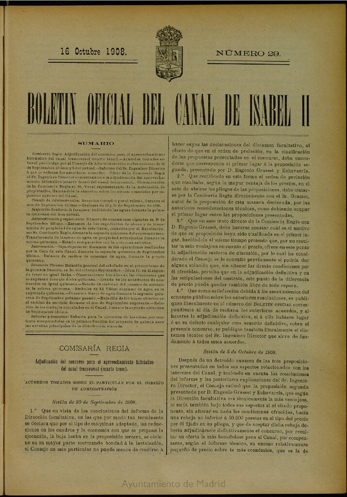 Miniatura de Boletín Oficial del Canal de Isabel II del 16 de octubre de 1908, nº 29