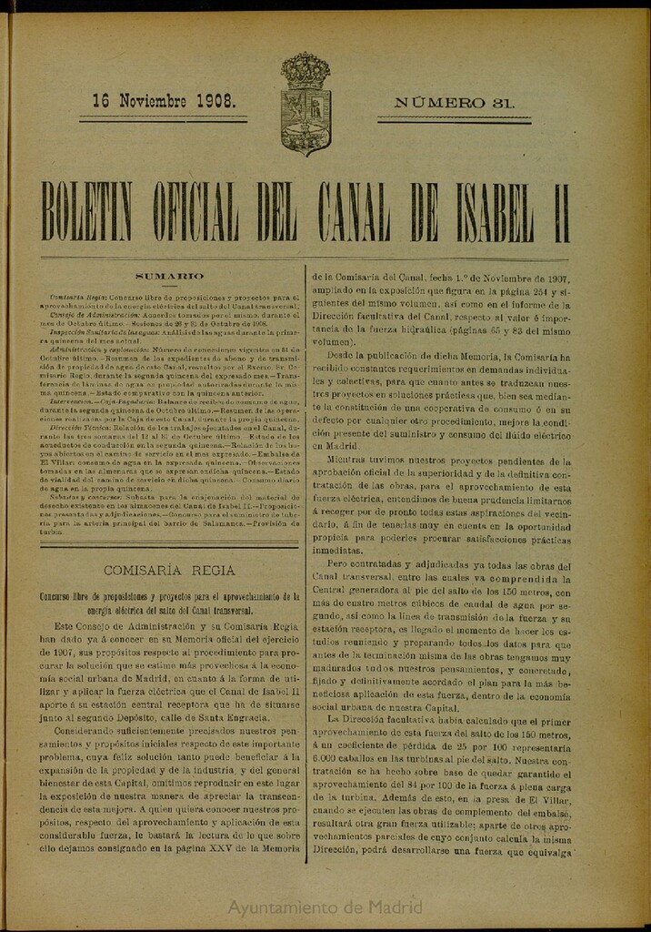 Miniatura de Boletín Oficial del Canal de Isabel II del 16 de noviembre de 1908, nº 31