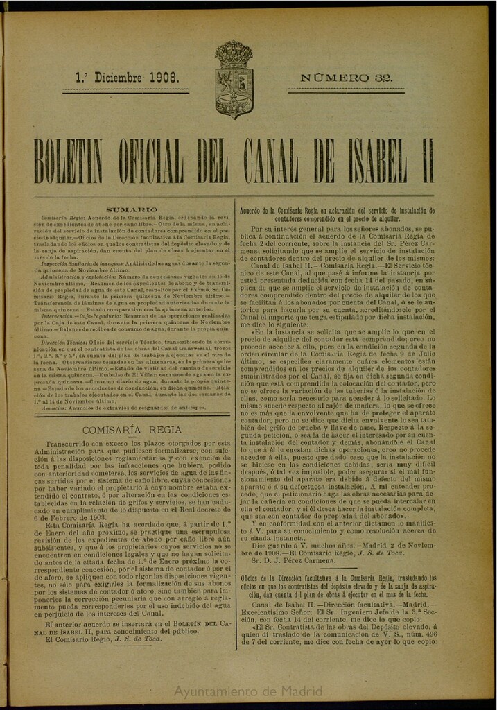 Miniatura de Boletín Oficial del Canal de Isabel II del 1 de diciembre de 1908, nº 32