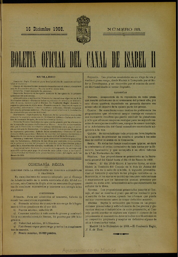 Miniatura de Boletín Oficial del Canal de Isabel II del 16 de diciembre de 1908, nº 33