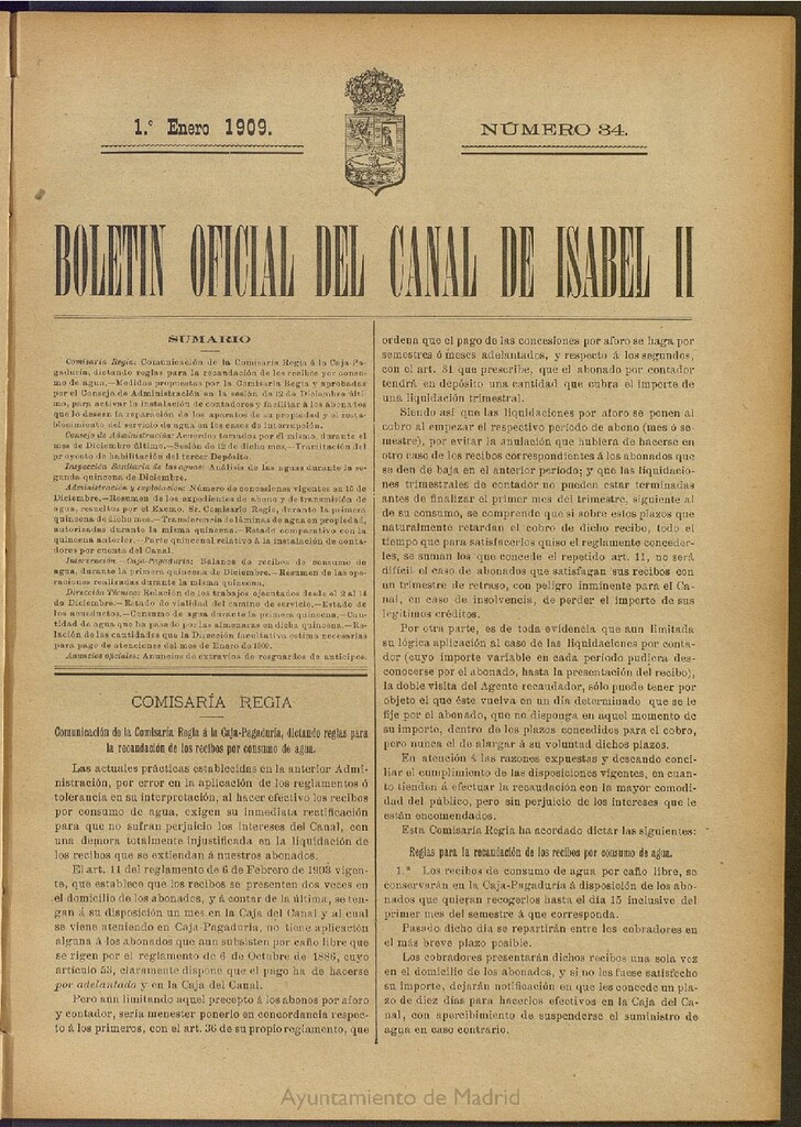 Miniatura de Boletín Oficial del Canal de Isabel II del 1 de enero de 1909, nº 34