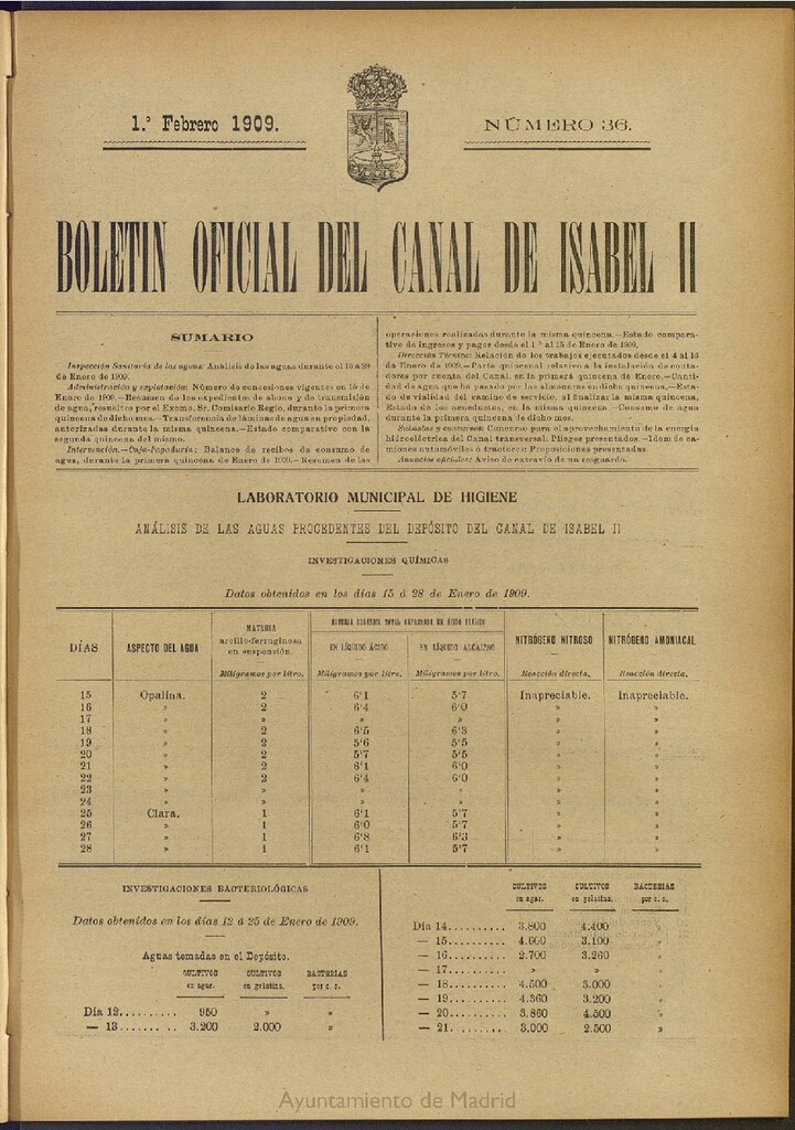 Miniatura de Boletín Oficial del Canal de Isabel II del 1 de febrero de 1909, nº 36