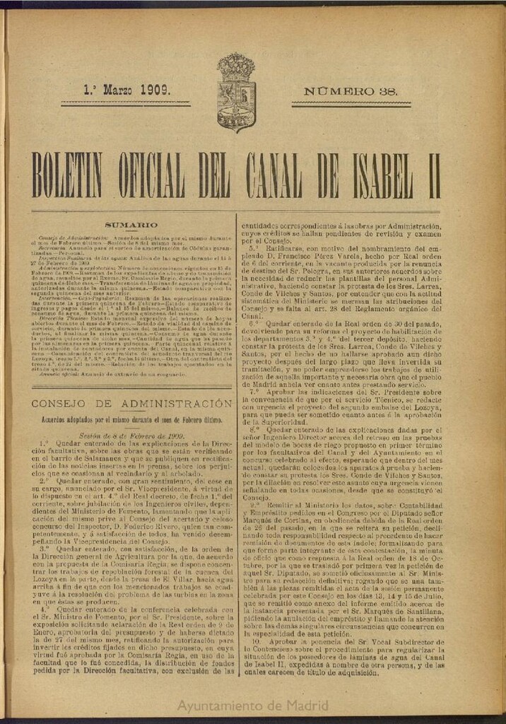 Miniatura de Boletín Oficial del Canal de Isabel II del 1 de marzo de 1909, nº 38