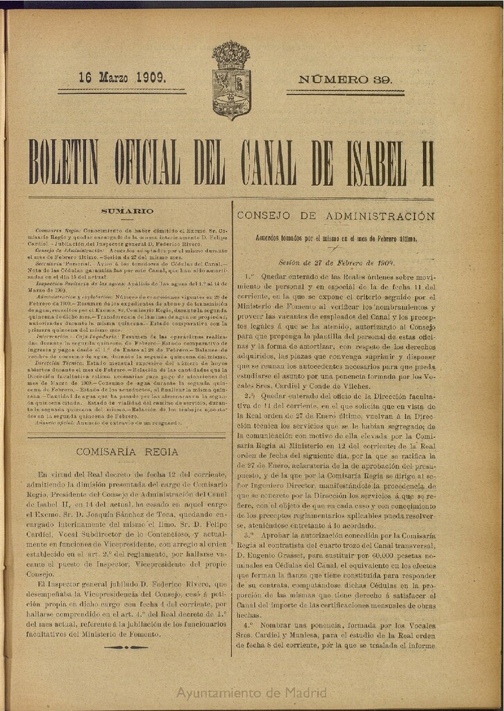 Miniatura de Boletín Oficial del Canal de Isabel II del 16 de marzo de 1909, nº 39