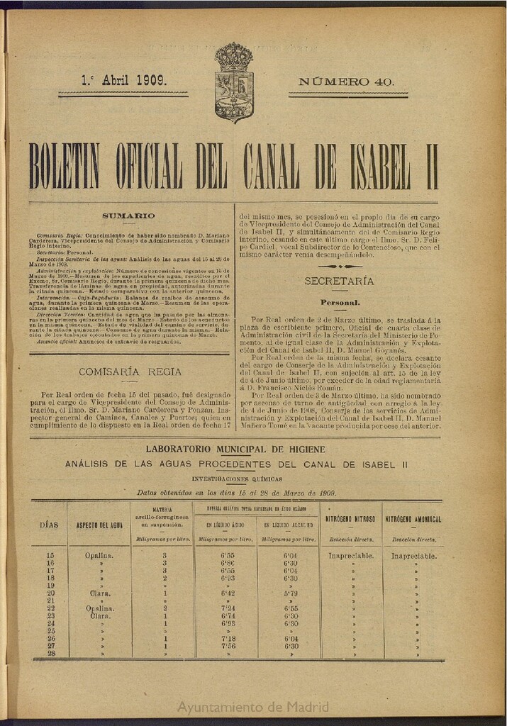 Miniatura de Boletín Oficial del Canal de Isabel II del 1 de abril de 1909, nº 40