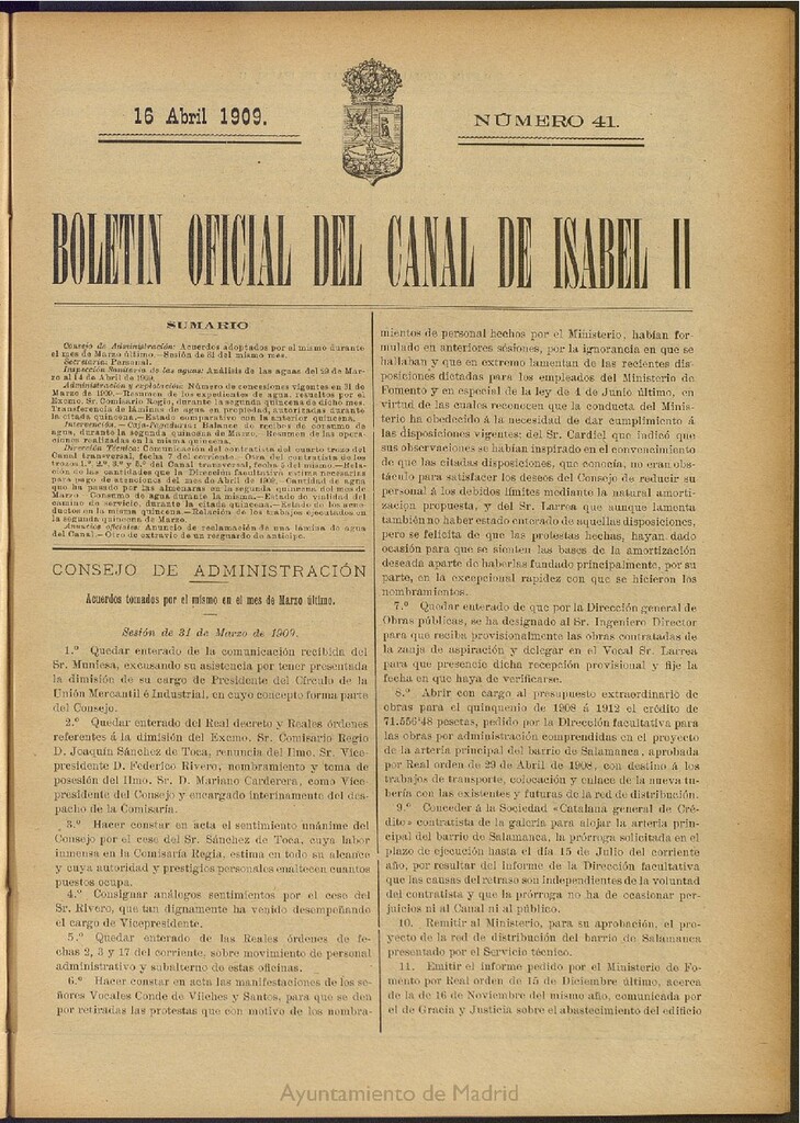 Miniatura de Boletín Oficial del Canal de Isabel II del 16 de abril de 1909, nº 41