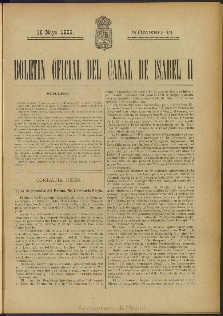 Miniatura de Boletín Oficial del Canal de Isabel II del 16 de mayo de 1909, nº 43