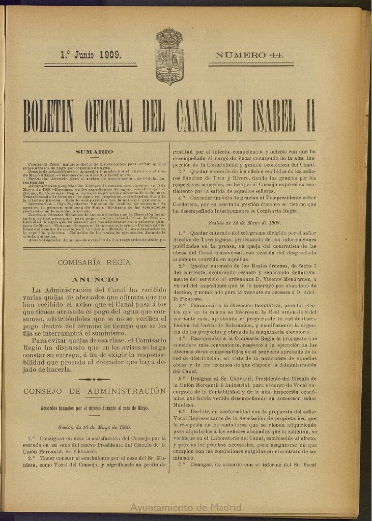 Miniatura de Boletín Oficial del Canal de Isabel II del 1 de junio de 1909, nº 44