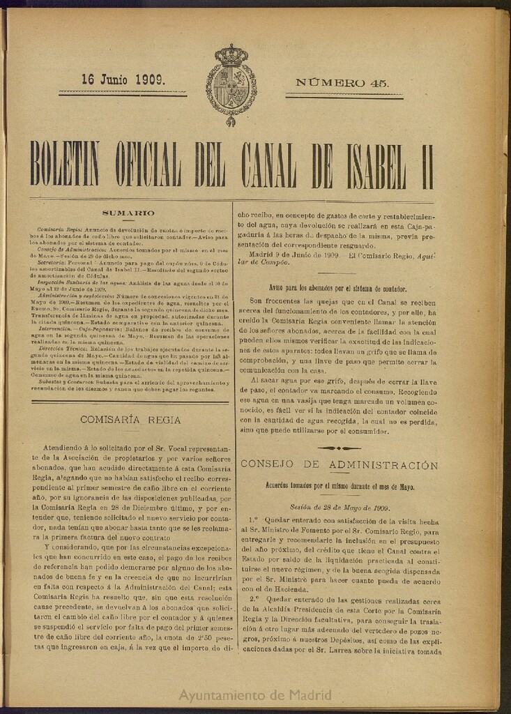 Miniatura de Boletín Oficial del Canal de Isabel II del 16 de junio de 1909, nº 45