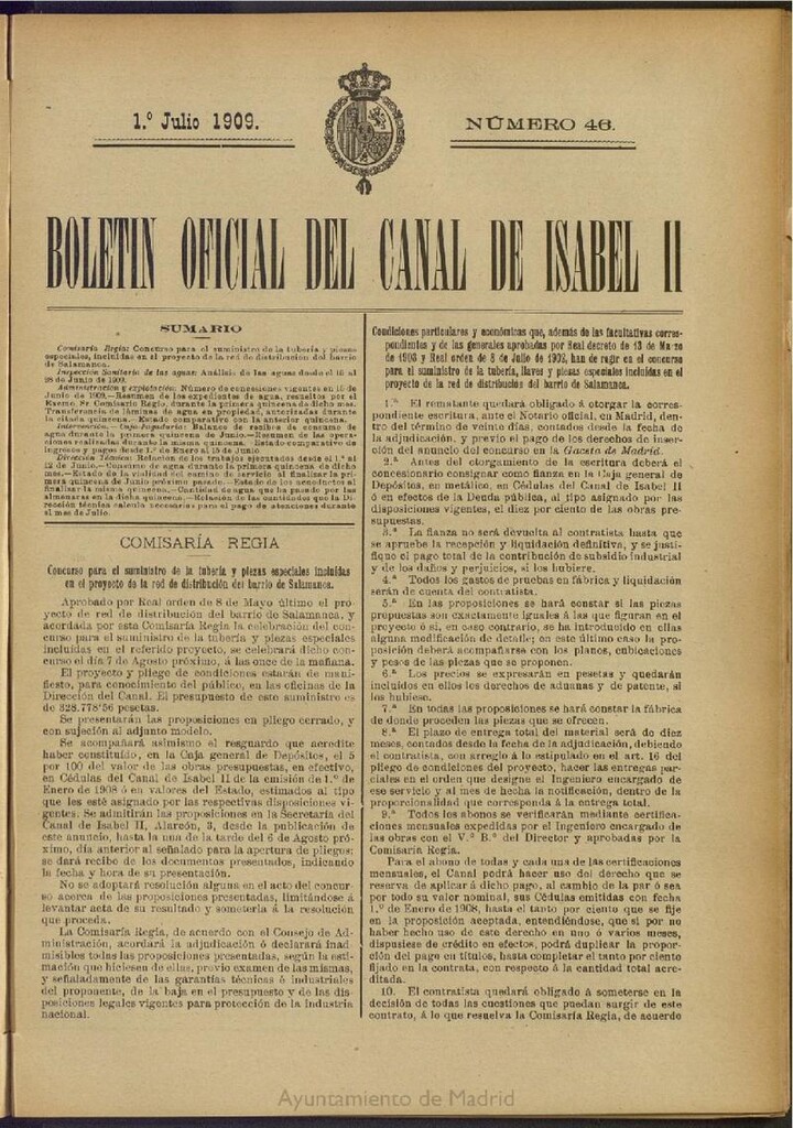 Miniatura de Boletín Oficial del Canal de Isabel II del 1 de julio de 1909, nº 46