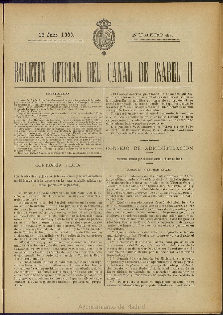 Miniatura de Boletín Oficial del Canal de Isabel II del 16 de julio de 1909, nº 47