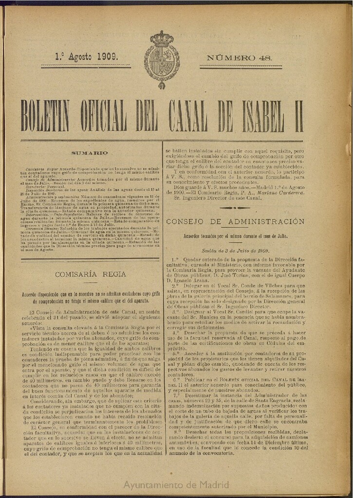Miniatura de Boletín Oficial del Canal de Isabel II del 1 de agosto de 1909, nº 48