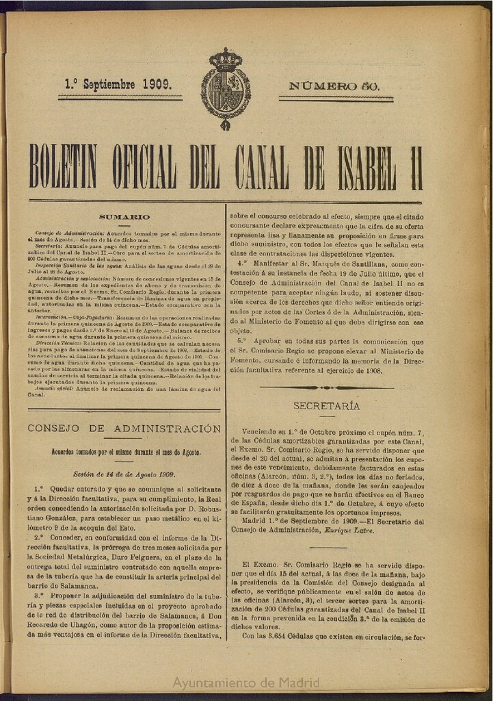 Miniatura de Boletín Oficial del Canal de Isabel II del 1 de septiembre de 1909, nº 50