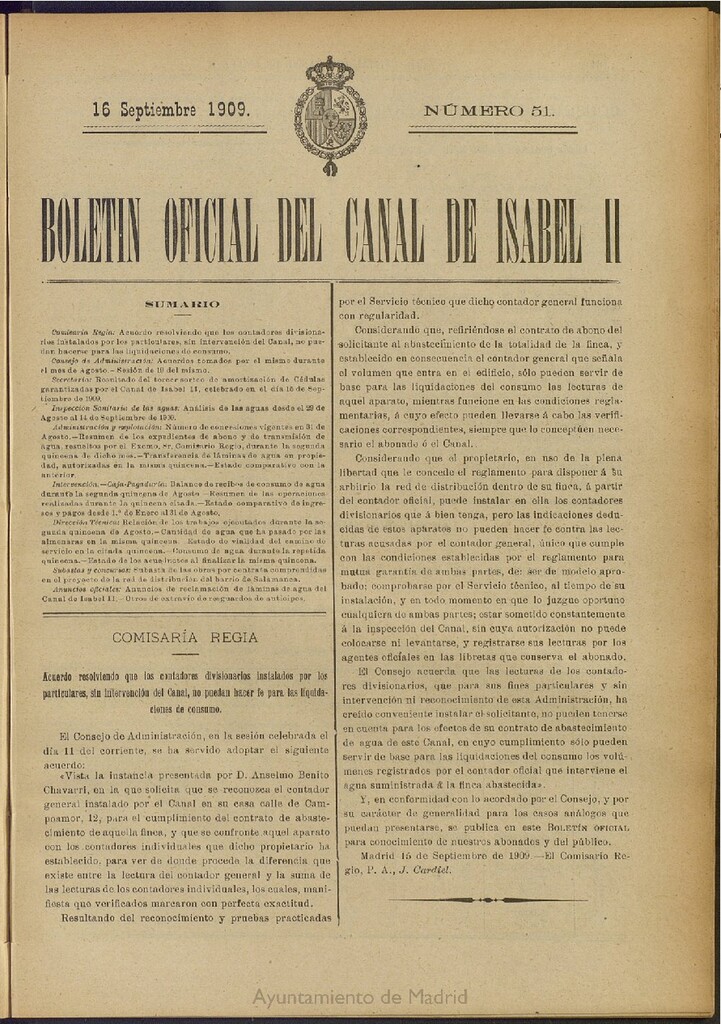 Miniatura de Boletín Oficial del Canal de Isabel II del 16 de septiembre de 1909, nº 51