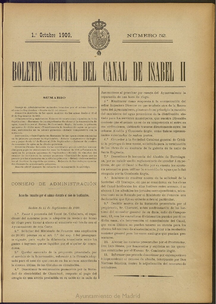 Miniatura de Boletín Oficial del Canal de Isabel II del 1 de octubre de 1909, nº 52