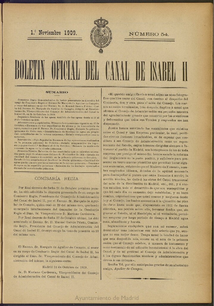 Miniatura de Boletín Oficial del Canal de Isabel II del 1 de noviembre de 1909, nº 54