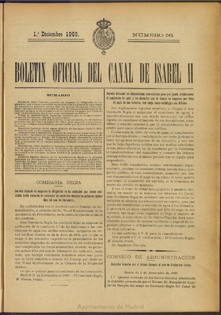 Miniatura de Boletín Oficial del Canal de Isabel II del 1 de diciembre de 1909, nº 56