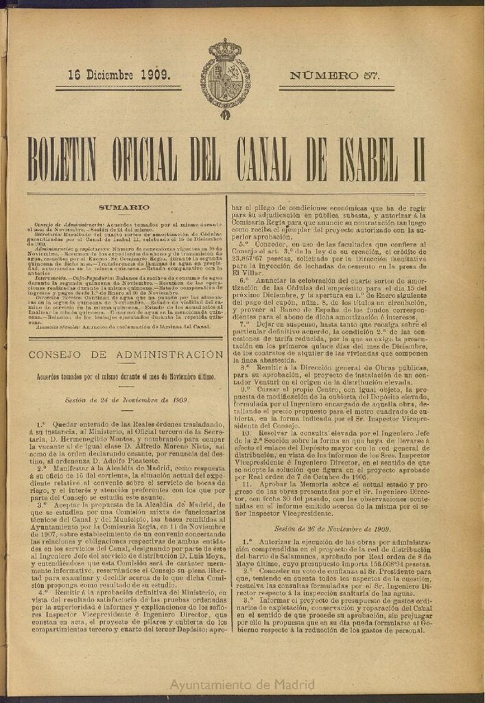 Miniatura de Boletín Oficial del Canal de Isabel II del 16 de diciembre de 1909, nº 57