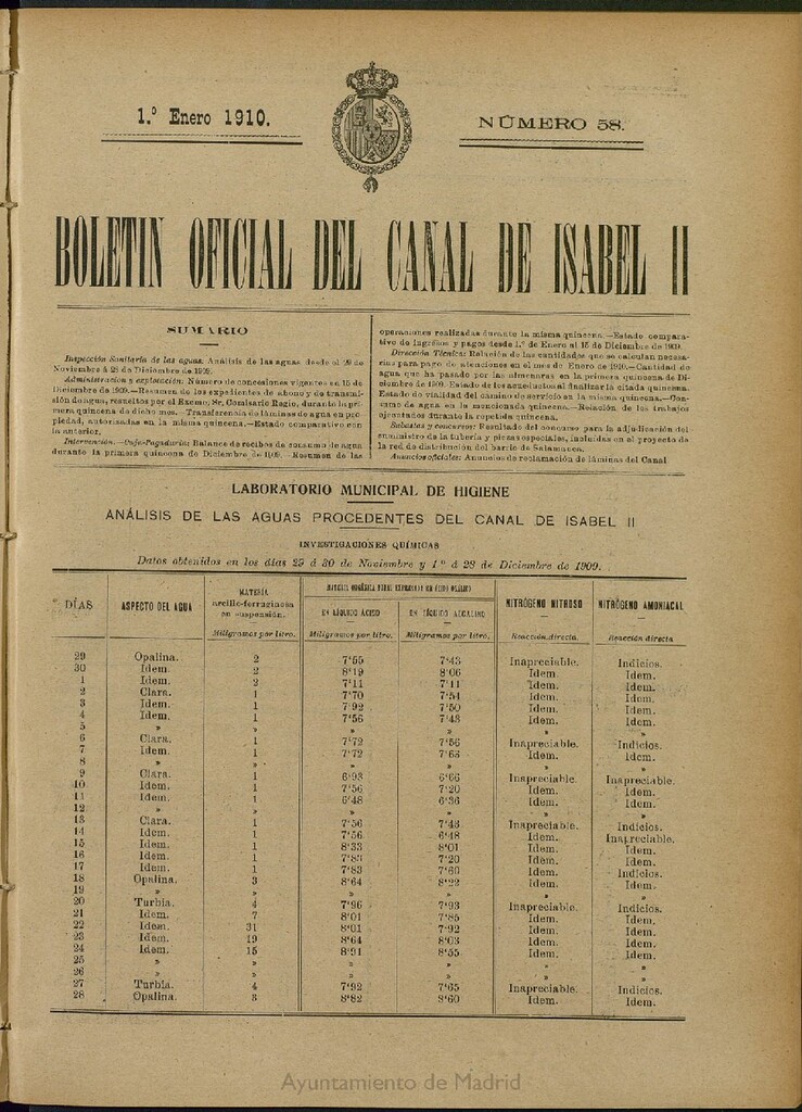 Miniatura de Boletín Oficial del Canal de Isabel II del 1 de enero de 1910, nº 58